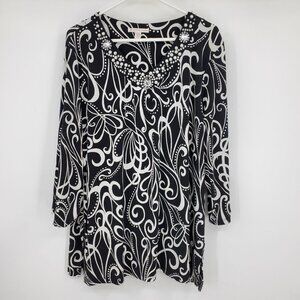 JM‎ Collection Black and White Pearl Beaded Neck 3/4 Sleeves Tunic Top Shirt 3X